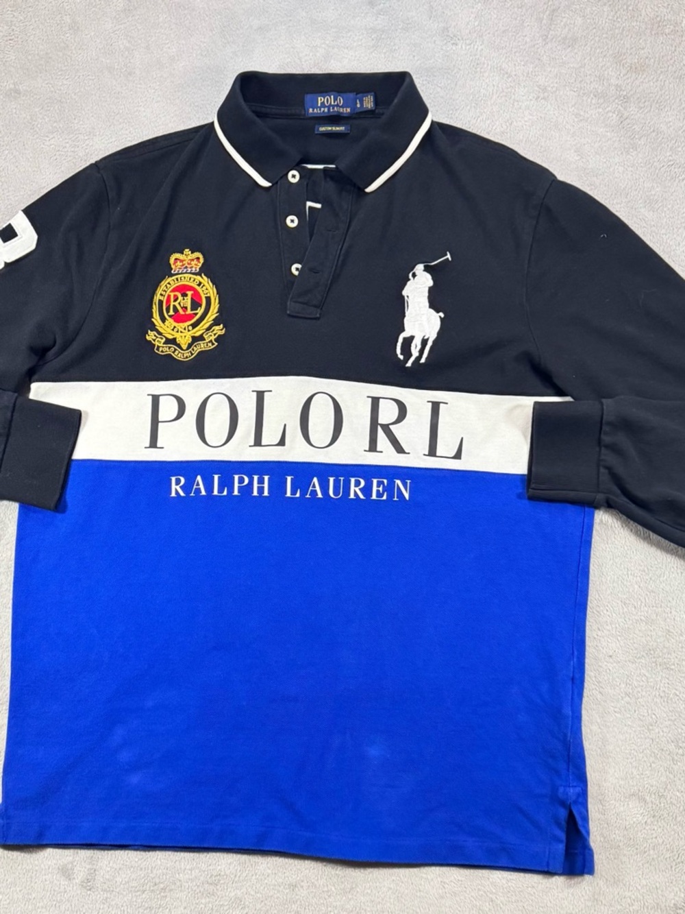 Y2K Polo Ralph Lauren Rugby Long Sleeve Shirt Men’s L. Big Pony Crest Blue.